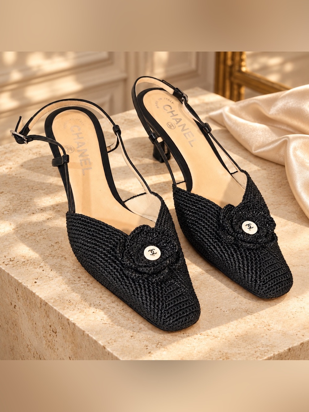 Vintage Chanel Black Raffia Camellia CC Slingback Heels Size 35C - Picture 1 of 15